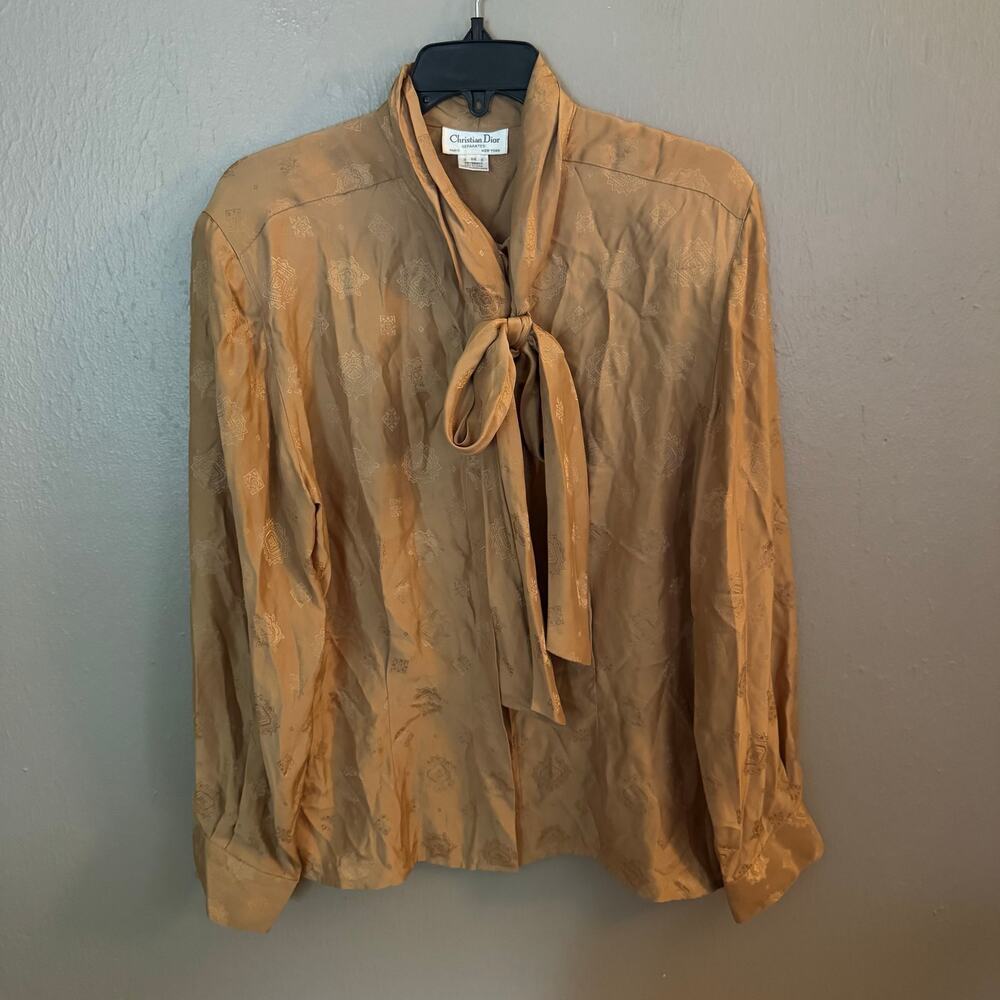 CHRISTIAN DIOR Separates Brown Bow Tie Neck Size 14 100% Silk workwear